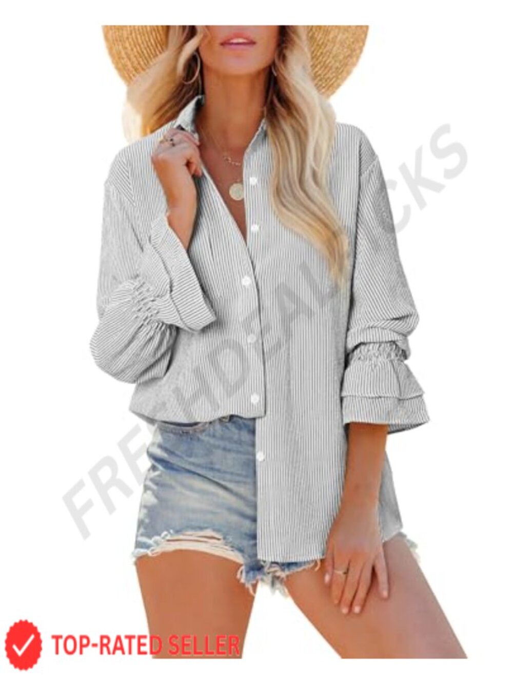 Oversized Striped Button Down Shirt Women Long Sleeve V-Neck Blouse